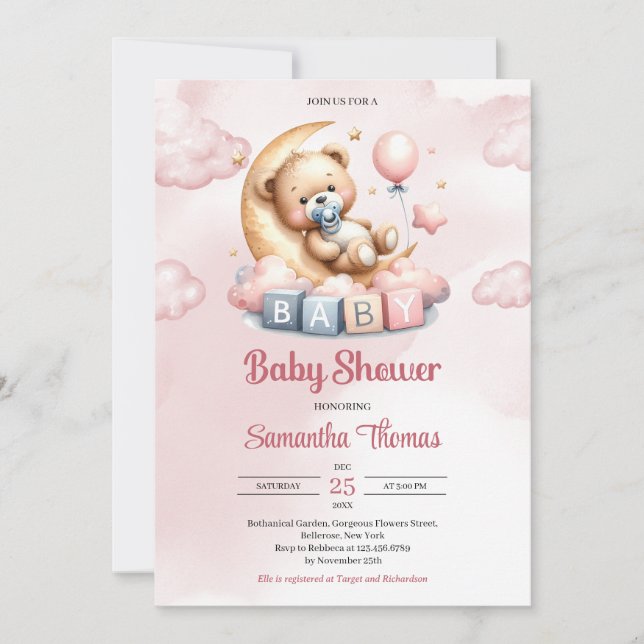 Invitación Oso de peluche acuarela sobre la luna (Anverso)