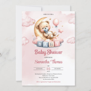 Invitación Oso de peluche acuarela sobre la luna