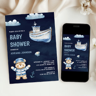 Invitación Oso de peluche adorable barco náutico azul bebé sh