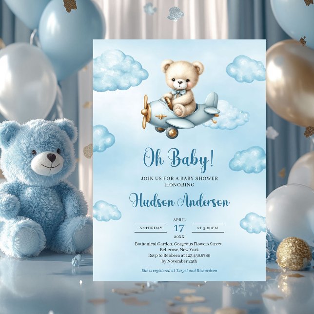 Invitación Oso de peluche agudo aviador niño ducha de bebé (cute teddy bear pilot in airplane boy baby shower invitation downloadable)