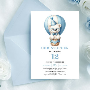 Invitación Oso de peluche alegre globos azules cumpleaños de 