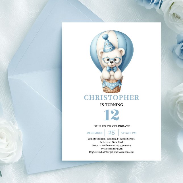 Invitación Oso de peluche alegre globos azules cumpleaños de  (Joyful teddy bear blue balloons boy birthday invite

)