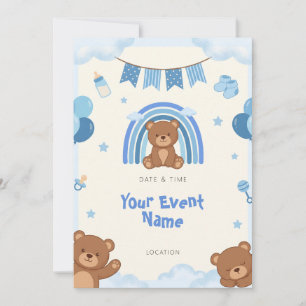 Invitación Oso de peluche arcoiris azul banderín