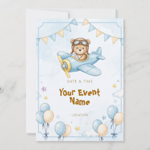 Invitación Oso de peluche aviador avión azul