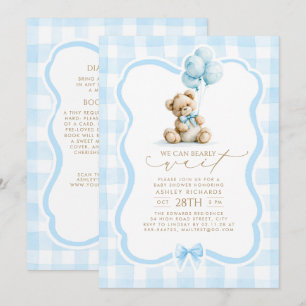 Invitación Oso de peluche azul a cuadros baby shower todo en