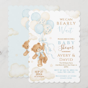 Invitación Oso de peluche azul apenas espera la fiesta de beb