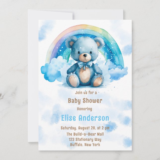 Invitación Oso de peluche azul con Baby Shower de Rainbow Boy (Anverso)