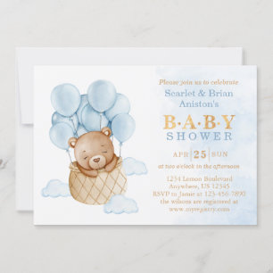 Invitación Oso de peluche azul con globos Baby Shower