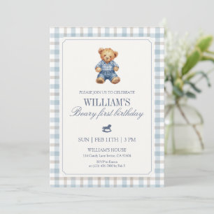 Invitación Oso de peluche azul de gingham cumple uno Beary