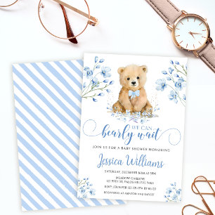 Invitación Oso de peluche azul dulce ducha de bebé con flores