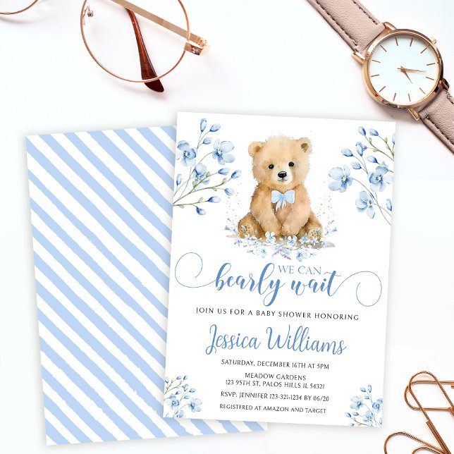 Invitación Oso de peluche azul dulce ducha de bebé con flores (Subido por el creador)