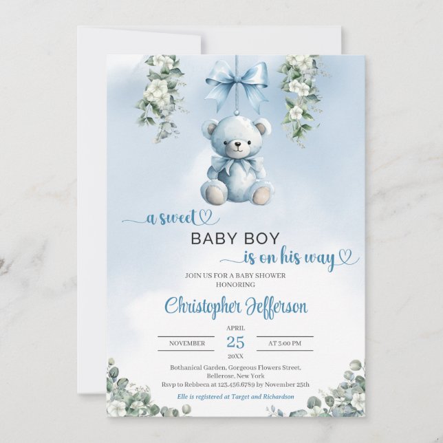 Invitación Oso de peluche azul dulce eucalipto niño Baby Show (Anverso)