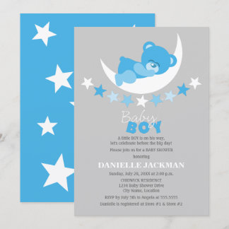 Invitación Oso de peluche azul durmiendo en la luna Baby Show