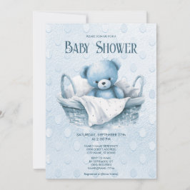 Invitación Oso de peluche azul en una ducha de cesta invitada