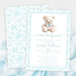 Invitación Oso de peluche azul estampado floral bebé ducha