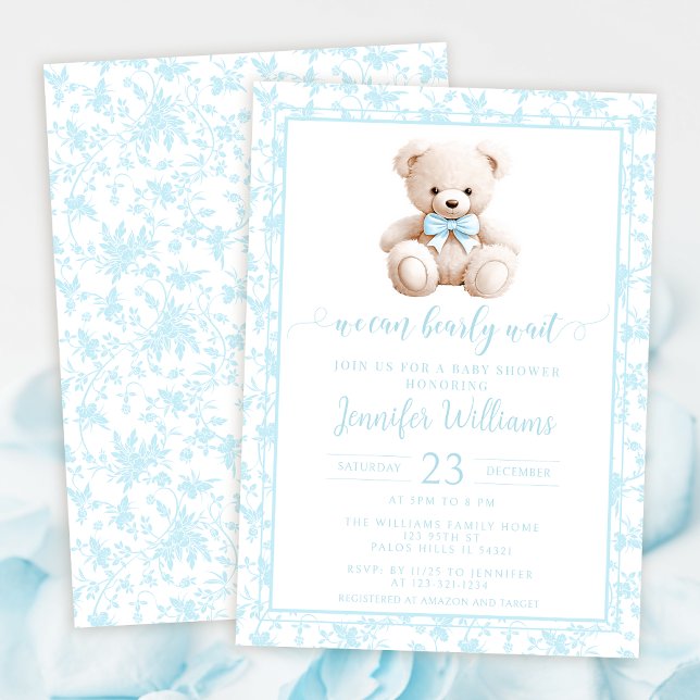 Invitación Oso de peluche azul estampado floral bebé ducha (Subido por el creador)