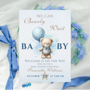 Invitación Oso de peluche azul globo Baby Shower Apenas