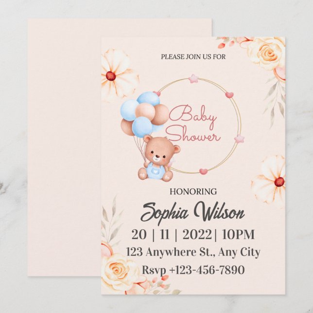 Invitación Oso de peluche azul marrón con Baby Shower de glob (Anverso / Reverso)