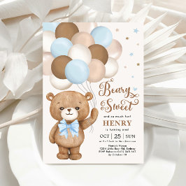Invitación Oso de peluche azul marrón con niño de globos Cump