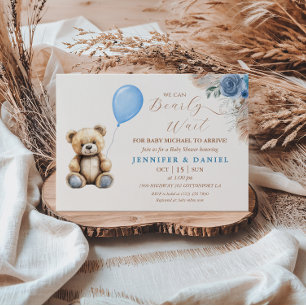 Invitación Oso de peluche azul rústico, globo, floral para ba