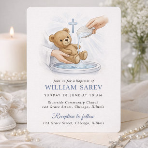 Invitación Oso de peluche azul suave Bautizo