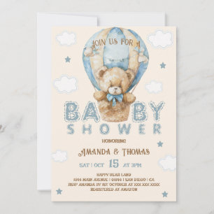 Invitación Oso de peluche azul vintage para baby shower de ni