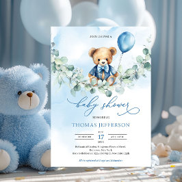 Invitación Oso de peluche azul y marrón con globo