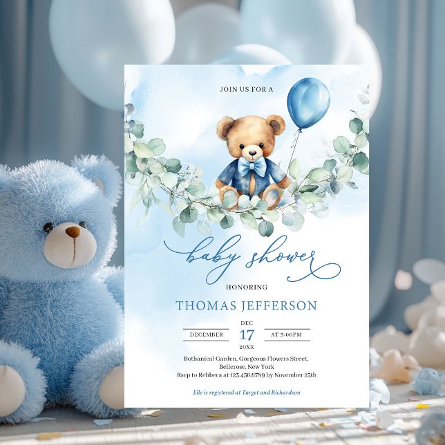 Invitación Oso de peluche azul y marrón con globo (boy baby shower invitation with teddy bear with blue balloon on eucalyptus swing)