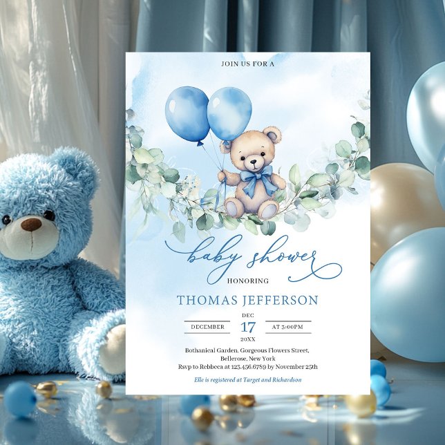 Invitación Oso de peluche azul y marrón con globos (boy baby shower invitation with teddy bear)