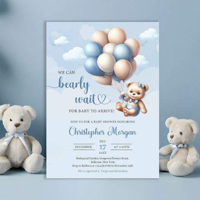 Invitación Oso de peluche azul y marrón con globos (We can bearly wait - boy baby shower invitation teddy bear blue and brown balloons)