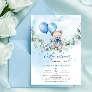 Invitación Oso de peluche azul y marrón con globos en acuarel