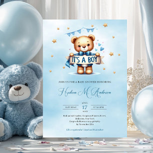Invitación Oso de peluche azul y marrón moderno es un niño