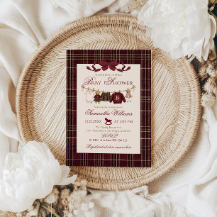 Invitación Oso de peluche Baby Shower Niña Cuadro Burgundy La