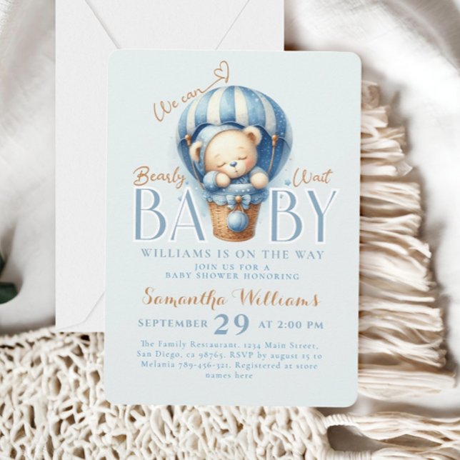 Invitación Oso de peluche Barely Wait Globo aerostático azul (Subido por el creador)