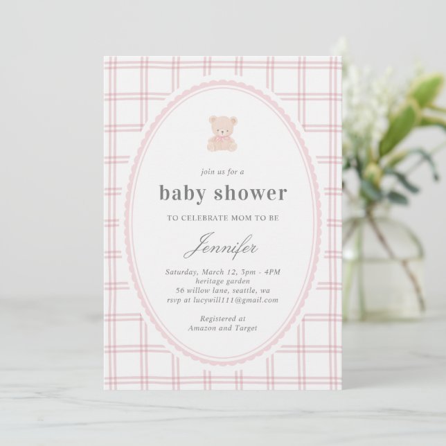 Invitación Oso de peluche bebé Cumpleaños rosa (Anverso de pie)