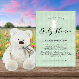 Invitación Oso de peluche blanco diamante verde salvia Baby S