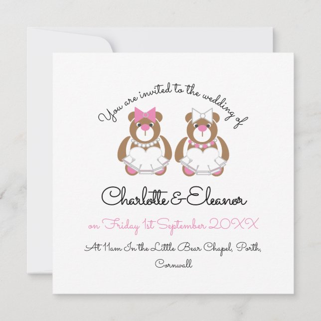 Invitación Oso de peluche boda lesbiana lindo blanco (Reverso)
