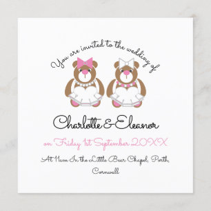 Invitación Oso de peluche boda lesbiana lindo blanco