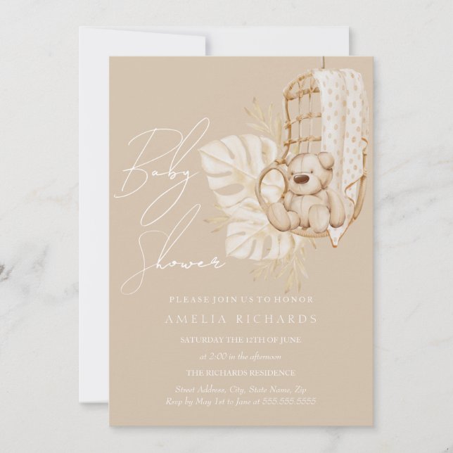 Invitación Oso de peluche boho beige Baby Shower neutral (Anverso)