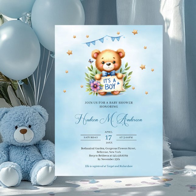 Invitación Oso de peluche caprichoso es una ducha de bebé (teddy bear with ribbon it's a boy baby shower invitation)