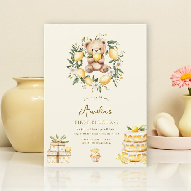 Invitación Oso de peluche caprichoso Limón primer cumpleaños (Subido por el creador)