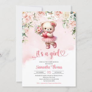 Invitación Oso de peluche chica con corazón y flores