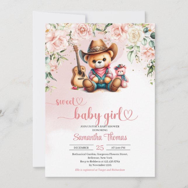 Invitación Oso de peluche chica de vaquero (Anverso)
