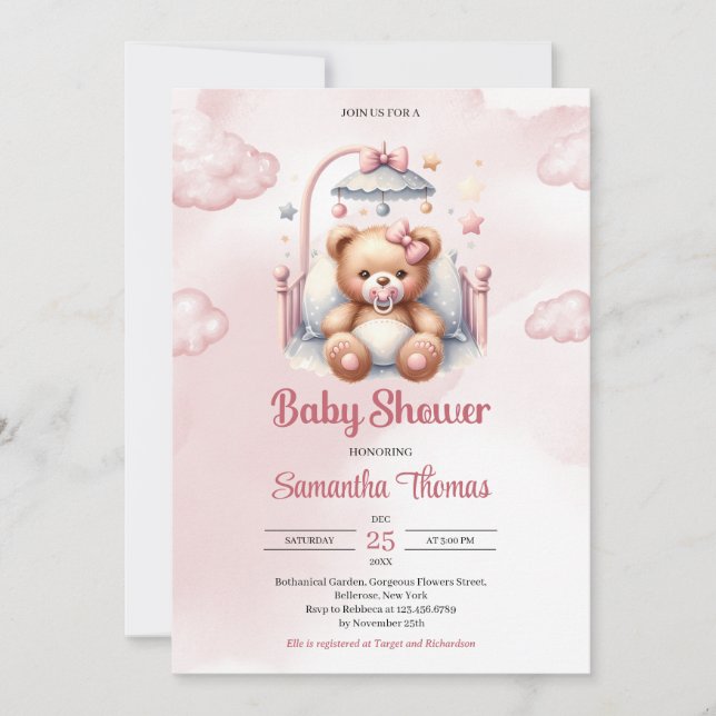 Invitación Oso de peluche chica rosa con acuarela fina en cun (Anverso)