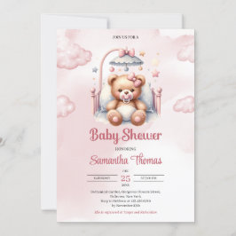 Invitación Oso de peluche chica rosa con acuarela fina en cun