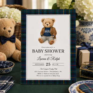 Invitación Oso de peluche clásico a cuadros Baby Shower de La