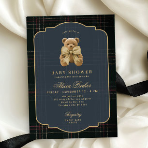 Invitación Oso de peluche clásico azul marino oscuro baby sho