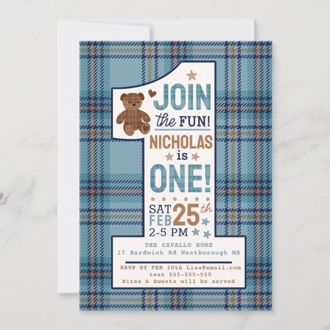 Invitación Oso de peluche clásico de cuadros cumpleaños perso (Anverso)