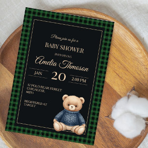 Invitación Oso de peluche clásico Polo Preppy a cuadros Baby 