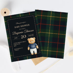 Invitación Oso de peluche clásico Polo Preppy a cuadros Baby 